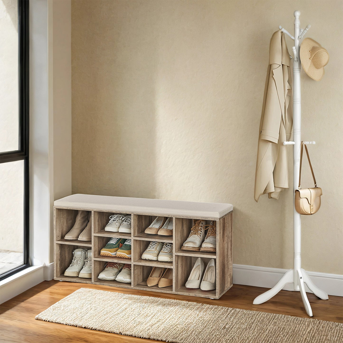 Shoe Bench with Padded Seat, 10-Compartment Storage Organizer for Entryway & Bedroom, 330 lb Capacity, 40.9 Inch, Camel Brown & Cappuccino Beige