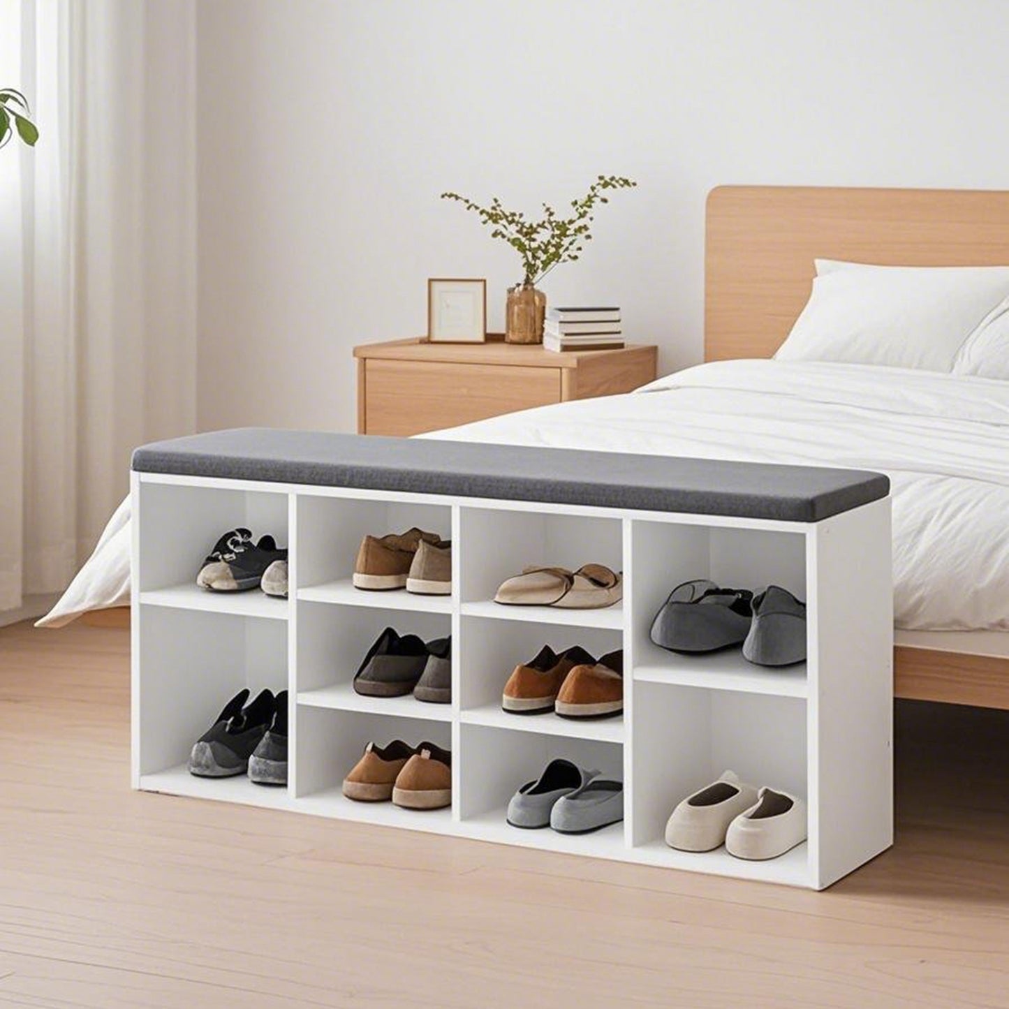 10-Compartment Shoe Bench, Storage Organizer with Removable Cushion, No-Tool Assembly Entryway Seat,Cloud White and Dove Gray