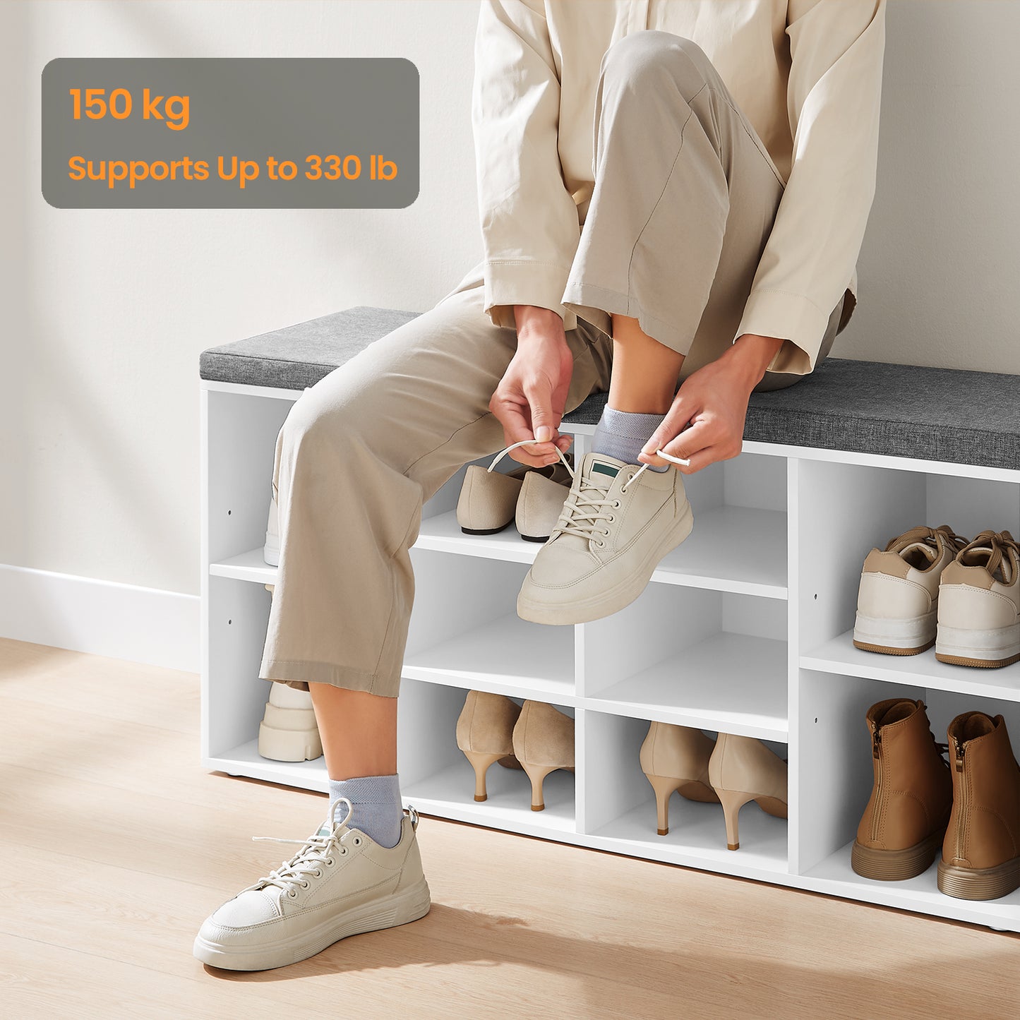 10-Compartment Shoe Bench, Storage Organizer with Removable Cushion, No-Tool Assembly Entryway Seat,Cloud White and Dove Gray