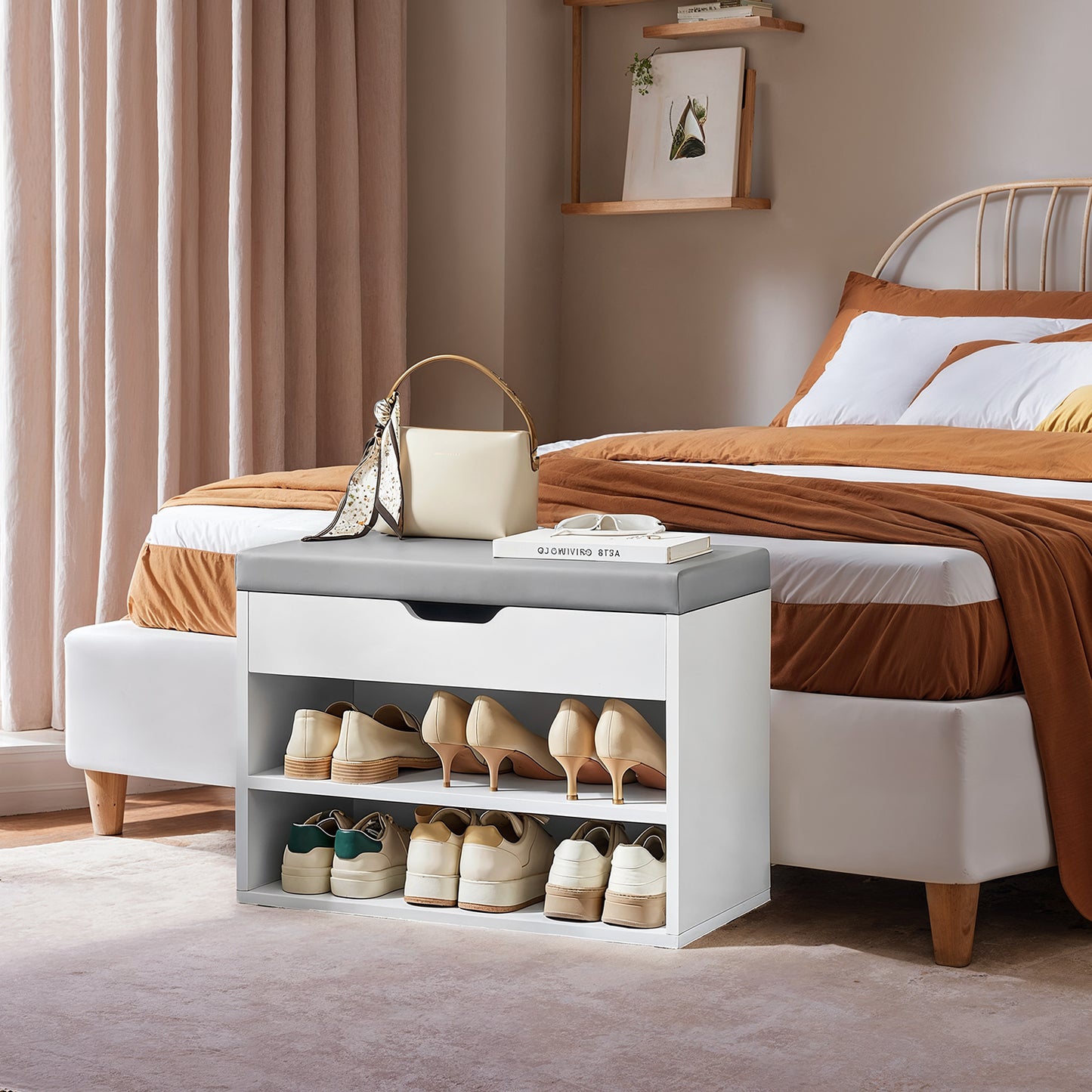 3-in-1 Storage Bench with Lift-up Seat & 2 Shelves, for Entryway, Living Room & Bedroom, 300 lb Capacity, Cloud White