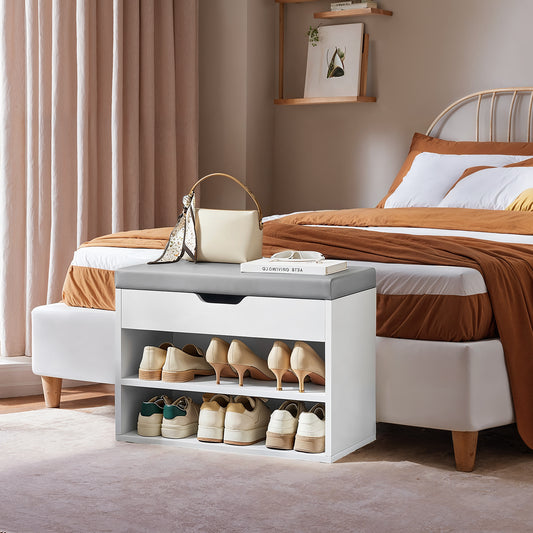 3-in-1 Storage Bench with Lift-up Seat & 2 Shelves, for Entryway, Living Room & Bedroom, 300 lb Capacity, Cloud White