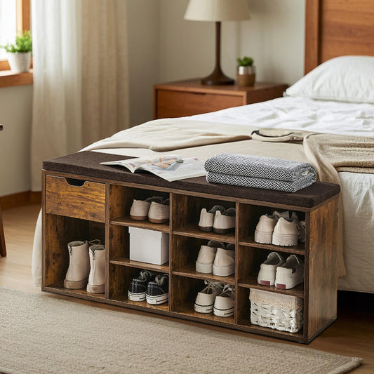 15-Compartment Shoe Bench, Storage Organizer with Removable Cushion, No-Tool Assembly Entryway Seat,Rustic Brown and Brown