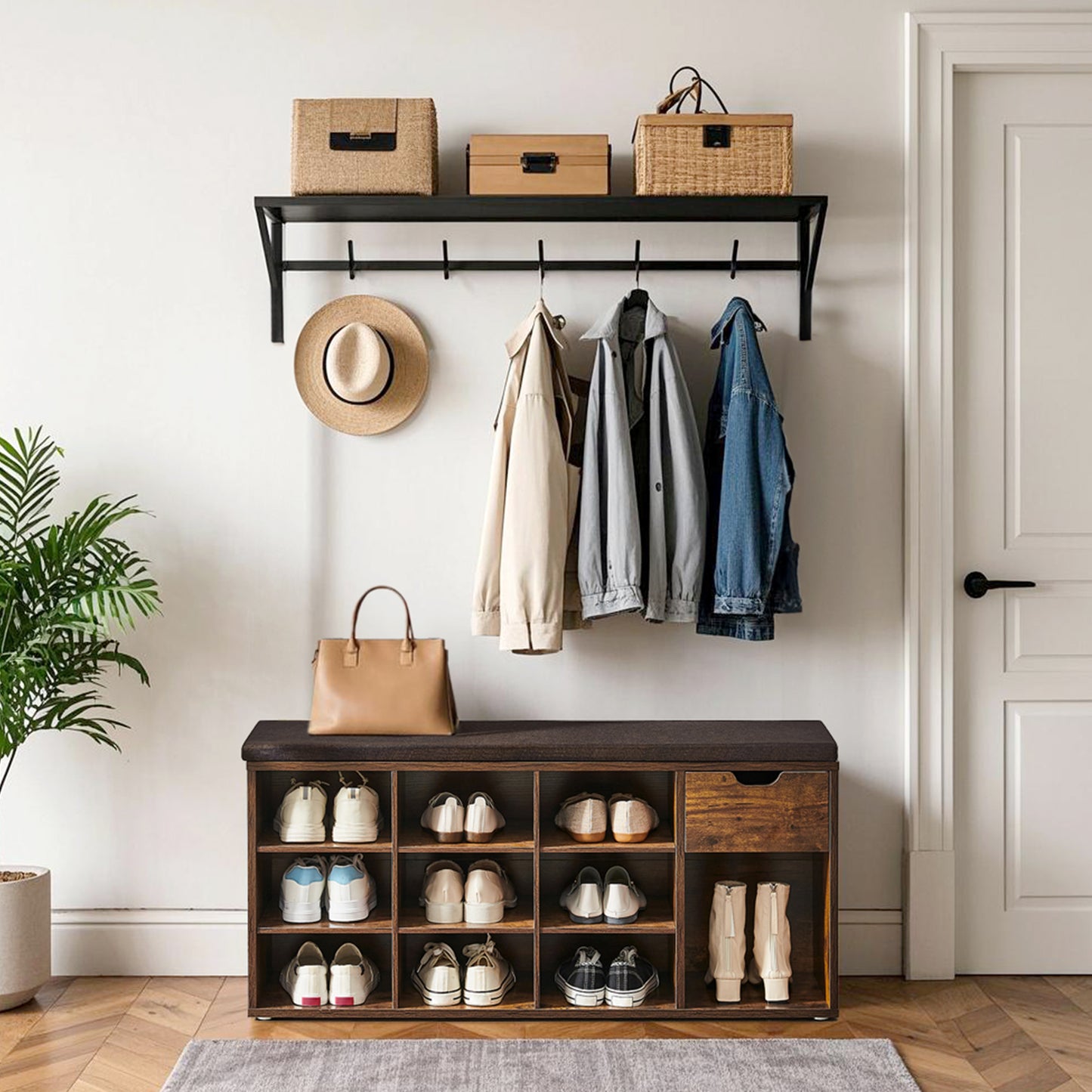 15-Compartment Shoe Bench, Storage Organizer with Removable Cushion, No-Tool Assembly Entryway Seat,Rustic Brown and Brown