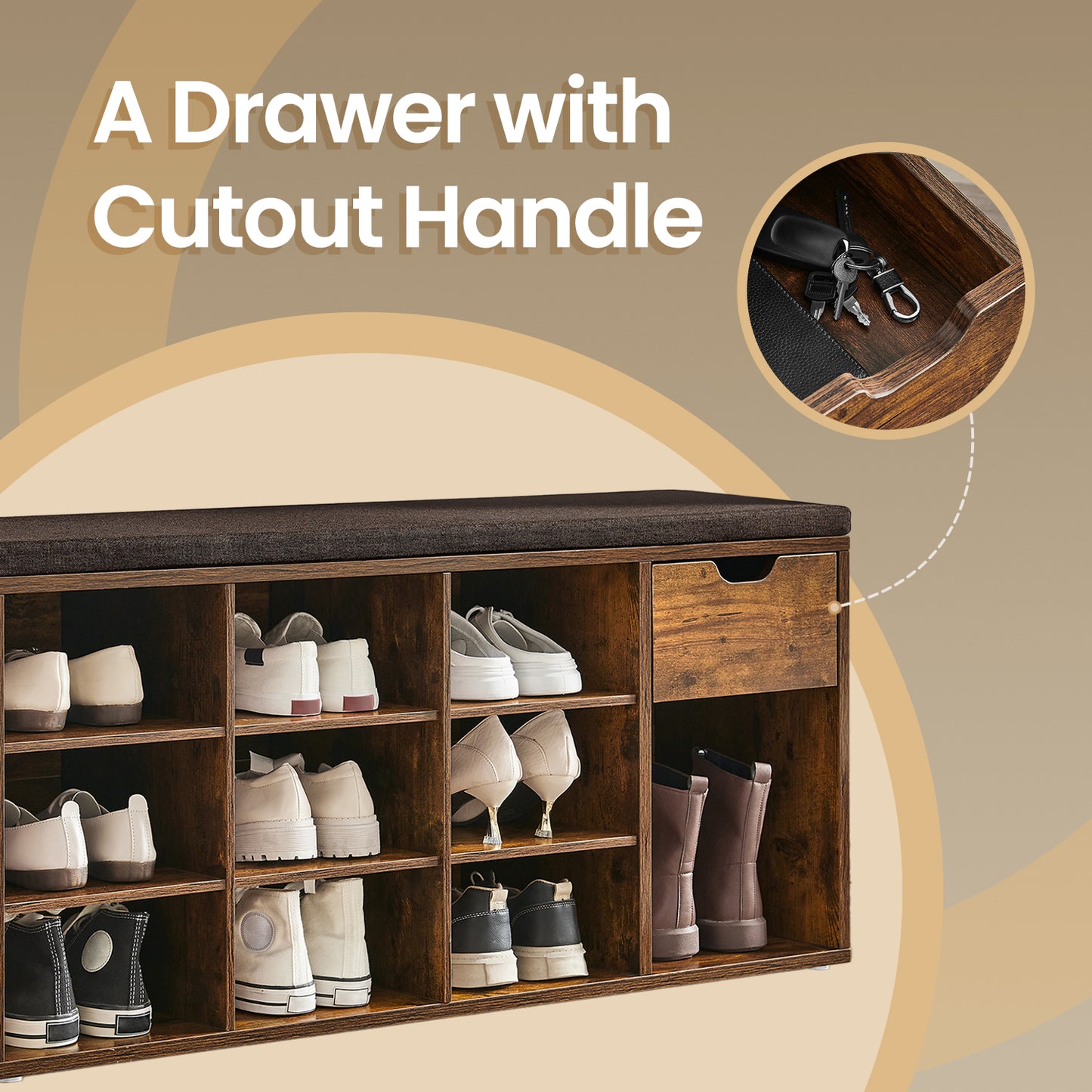 15-Compartment Shoe Bench, Storage Organizer with Removable Cushion, No-Tool Assembly Entryway Seat,Rustic Brown and Brown