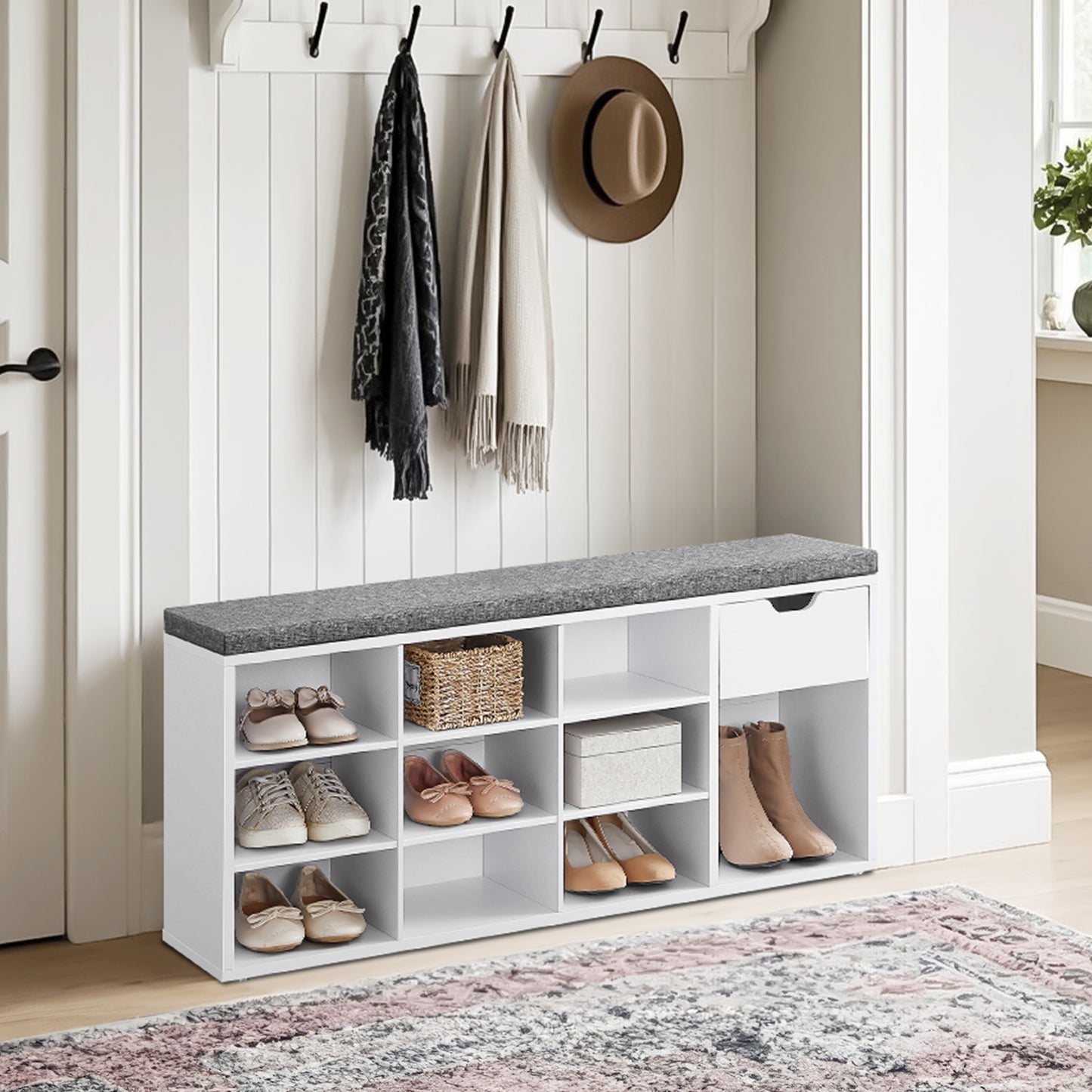 15-Compartment Shoe Storage Bench with Removable Cushion, for Entryway & Bedroom, Easy Assembly, 300 lb Weight Capacity, White and Gray