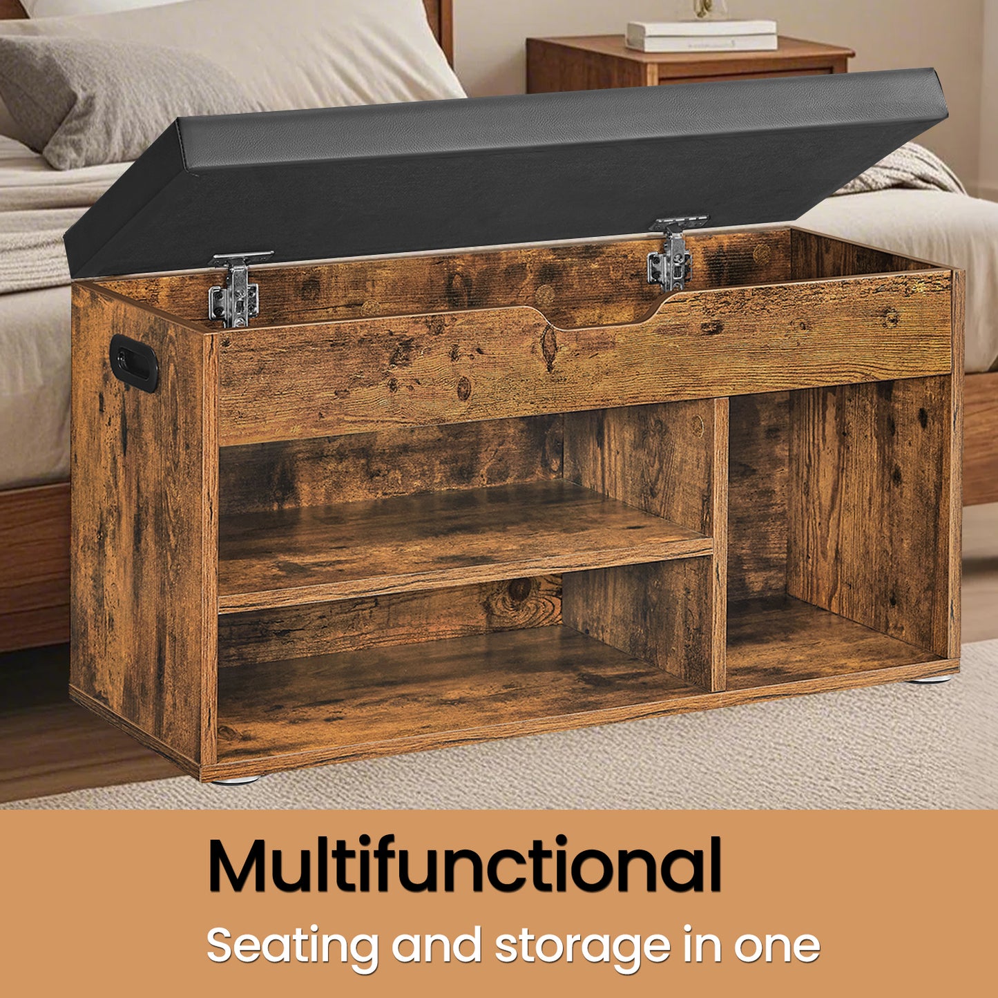 Collection Storage Bench with Padded Seat, 300lb Capacity Shoe Organizer with Compartment & Open Shelf, Rustic Brown and Black