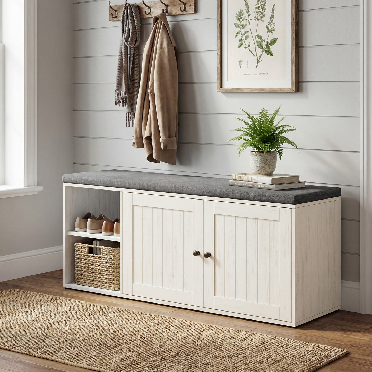 Storage Bench with Shoe Storage, Toolless Assembly Entryway Bench with Cushion & Adjustable Shelves, 40 x 17 x 14 Inches, Rustic White and Slate Gray