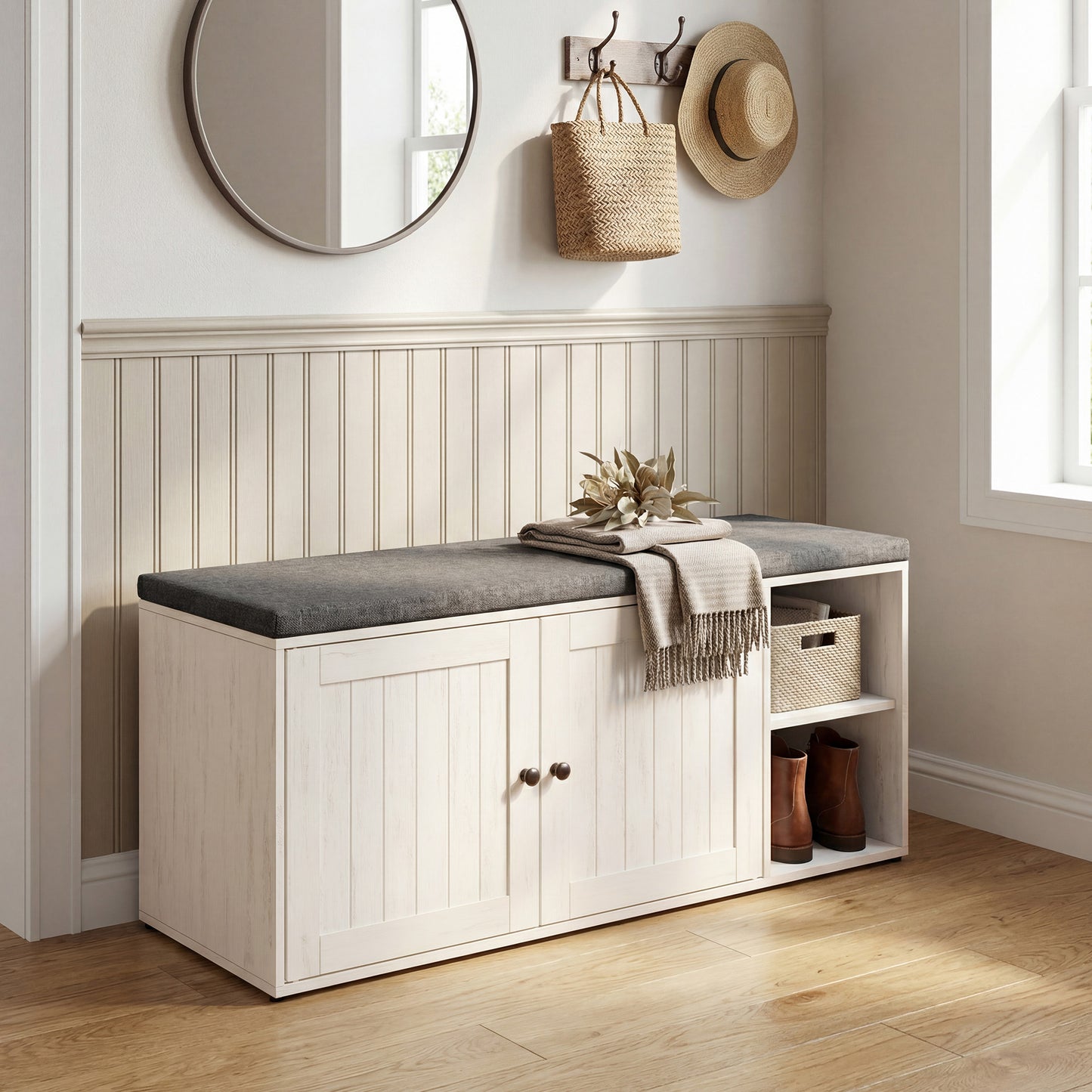 Storage Bench with Shoe Storage, Toolless Assembly Entryway Bench with Cushion & Adjustable Shelves, 40 x 17 x 14 Inches, Rustic White and Slate Gray