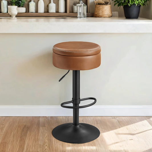 360° Swivel Bar Stool with Hidden Storage & Adjustable Height, Mid-Century Modern Style for Kitchen Island, Easy Assembly, Caramel Brown