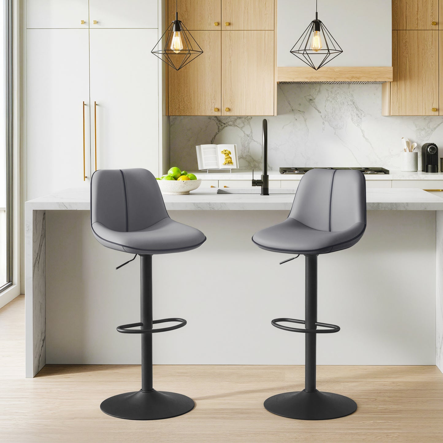 LEDREM Bar Stools Set of 2, Adjustable Height Swivel Counter Stools with Ergonomic Backrest and Wide Footrest, Synthetic Leather Bar Chairs for Kitchen Island, Slate Gray