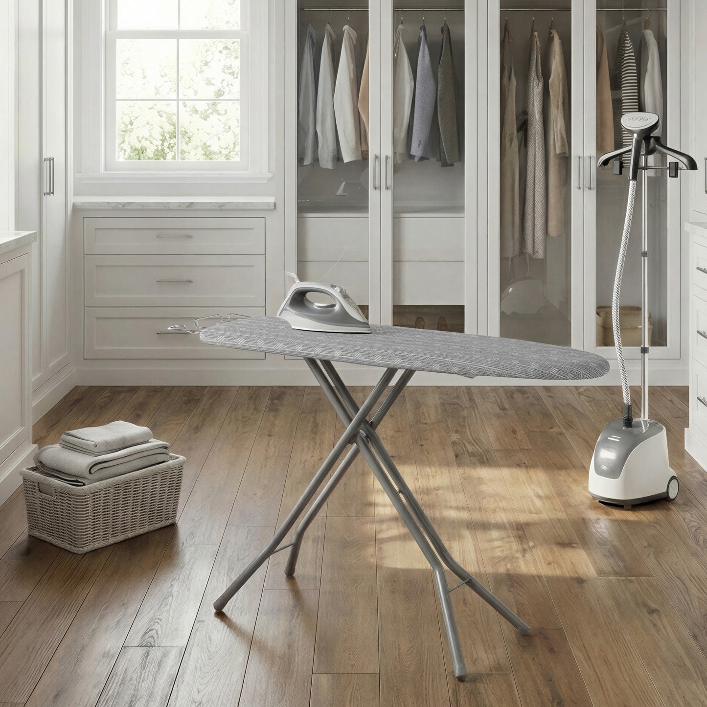 Foldable Ironing Board, Full Size 43 x 13 Inches, Height Adjustable up to 35 Inches, with Cover and Pad, Iron Rest, Hook, Dove Gray