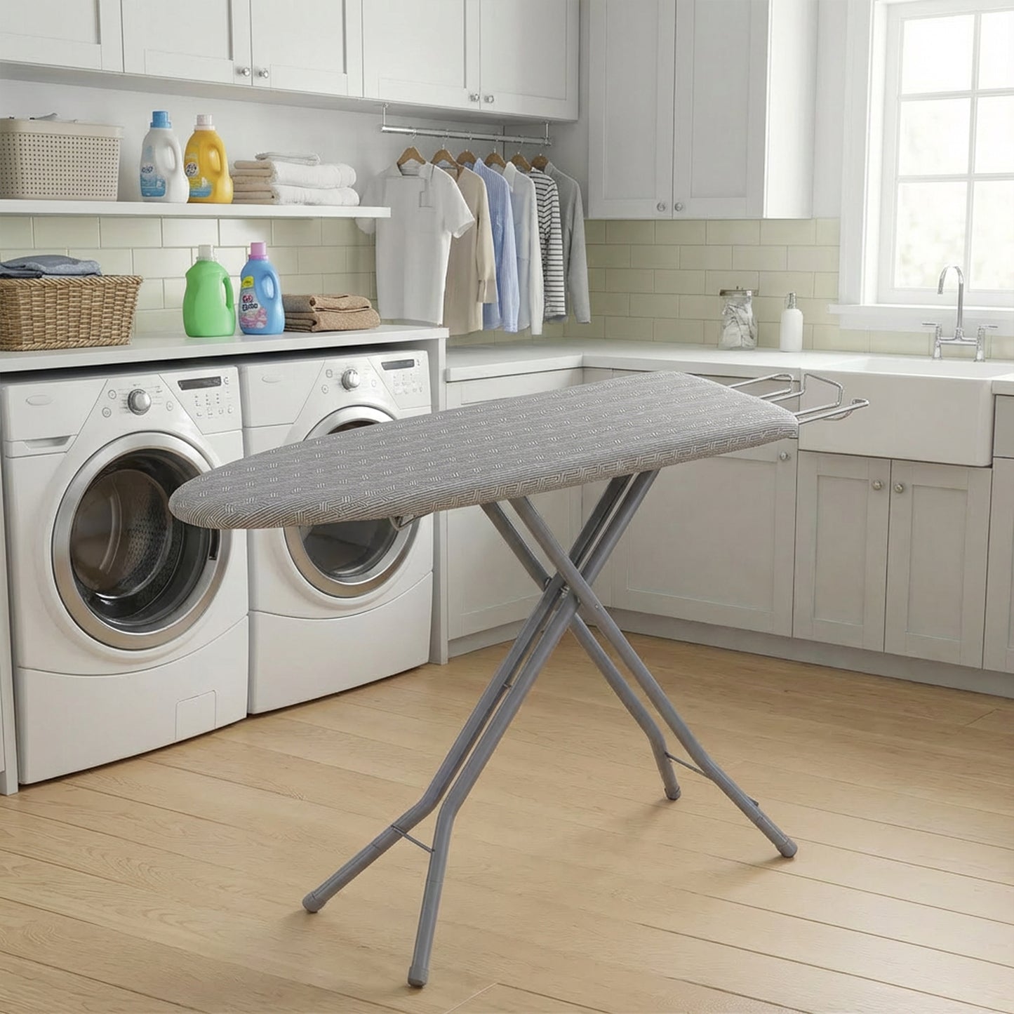 Foldable Ironing Board, Full Size 43 x 13 Inches, Height Adjustable up to 35 Inches, with Cover and Pad, Iron Rest, Hook, Dove Gray