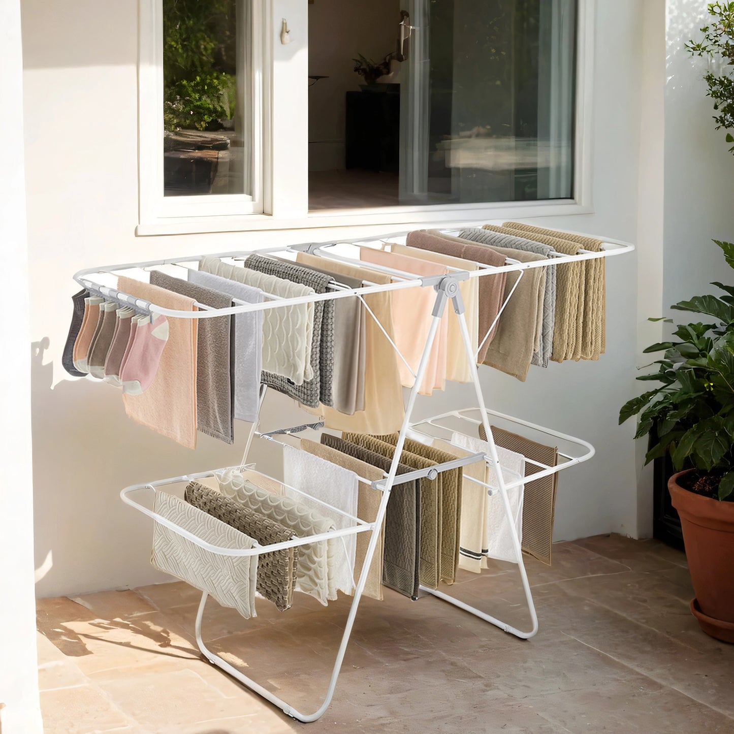 Clothes Drying Rack, Foldable 2-Level Airer with 4 Adjustable Wings, 33 Rails, 27 Sock Clips, Free-Standing Laundry Dryer for Indoor/Outdoor Use, White and Gray
