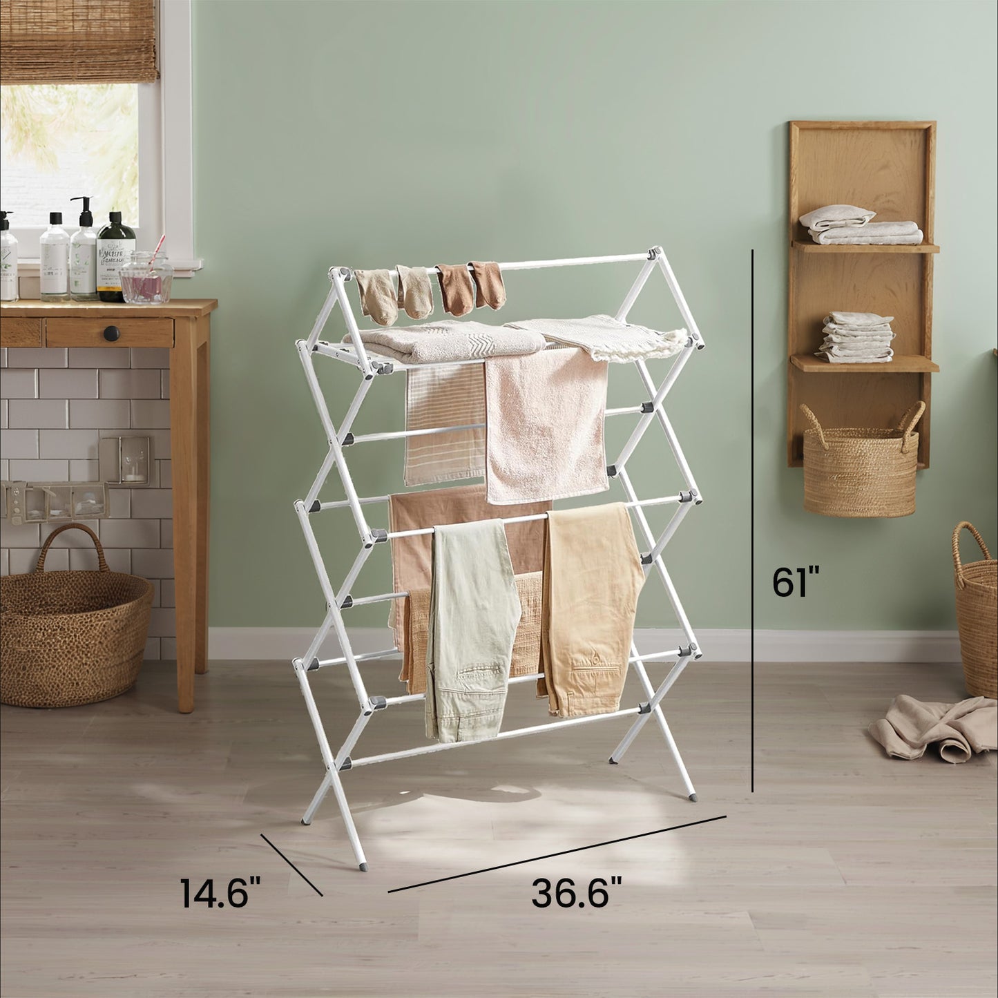Foldable Clothes Drying Rack, 12 Rod Laundry Airer with Steel Frame, Indoor Outdoor Use, 36.6 x 53.2 Inches, Pearl White