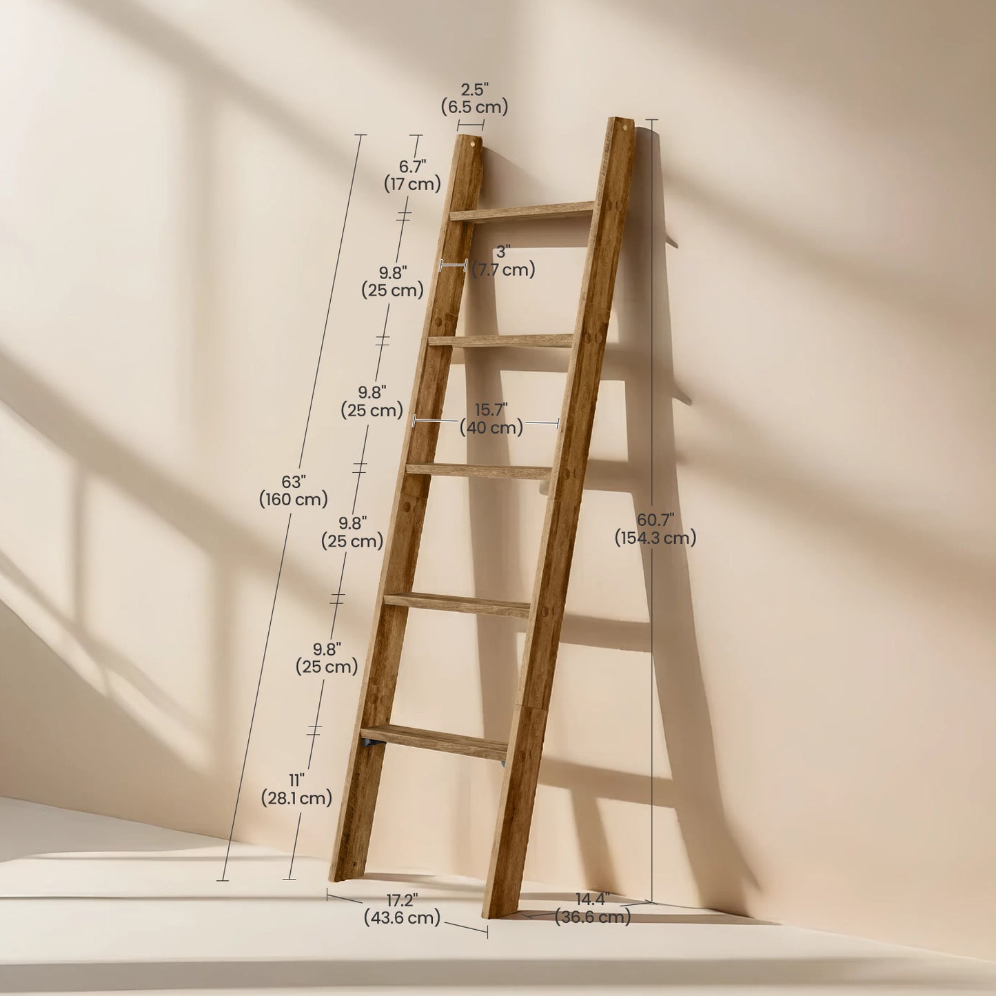 5-Tier Decorative Blanket Ladder and Ladder Shelf, Rustic Farmhouse Leaning Rack for Blankets, Towels, or Home Decor, Honey Brown