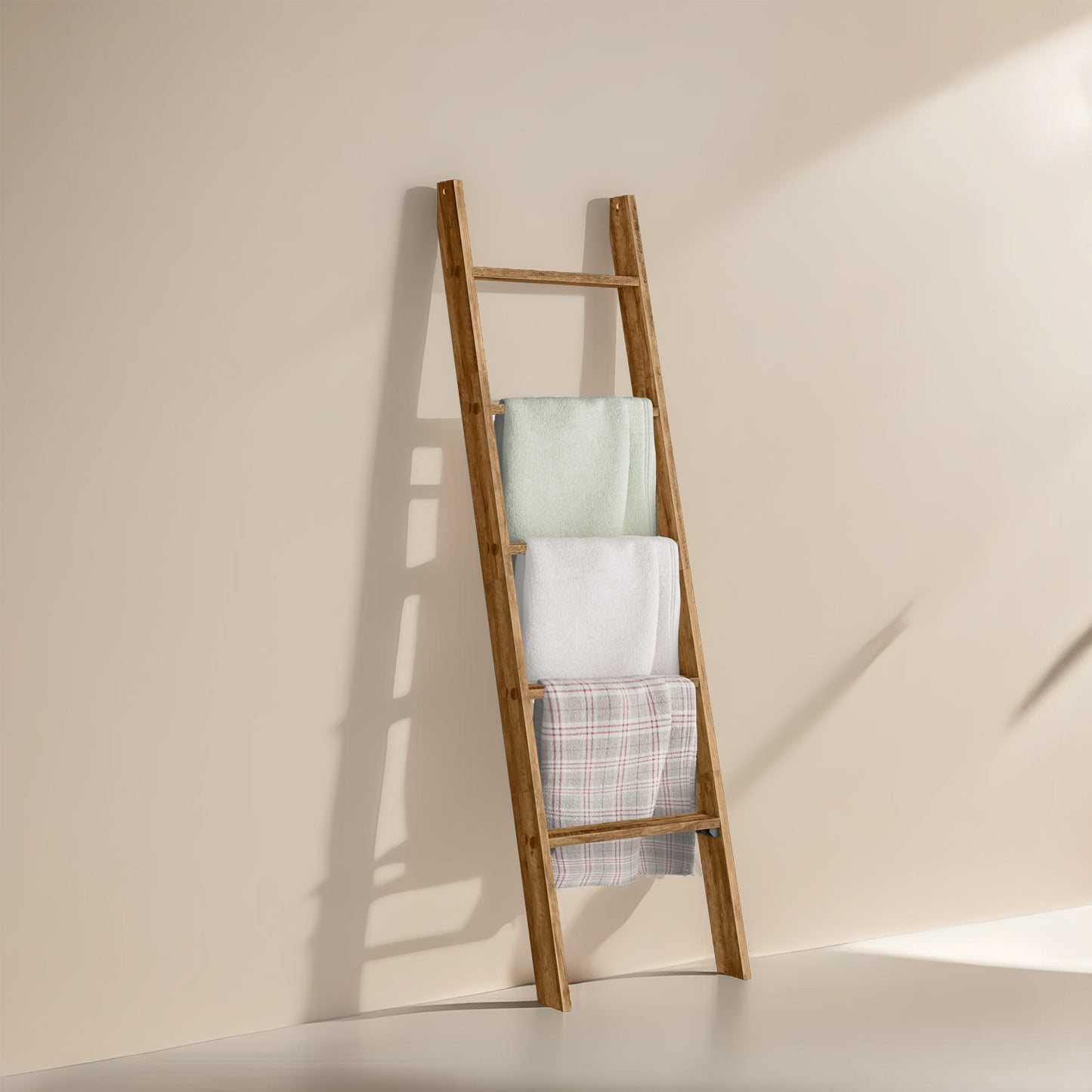 5-Tier Decorative Blanket Ladder and Ladder Shelf, Rustic Farmhouse Leaning Rack for Blankets, Towels, or Home Decor, Honey Brown