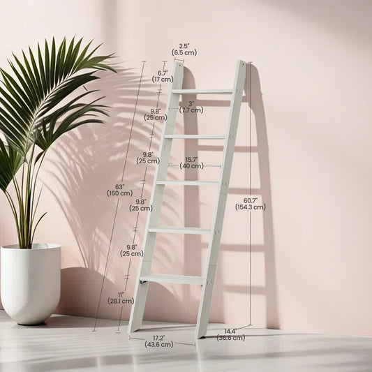 5-Tier Decorative Blanket Ladder and Ladder Shelf, Rustic Farmhouse Leaning Rack for Blankets, Towels, or Home Decor, Rustic White