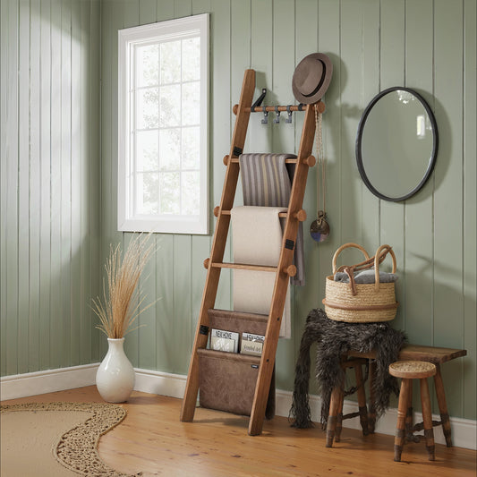 5-Tier Wooden Blanket Ladder with Hooks and Leather Strap Accents, Decorative Farmhouse Quilt Rack for Living Room Bedroom, Caramel Brown