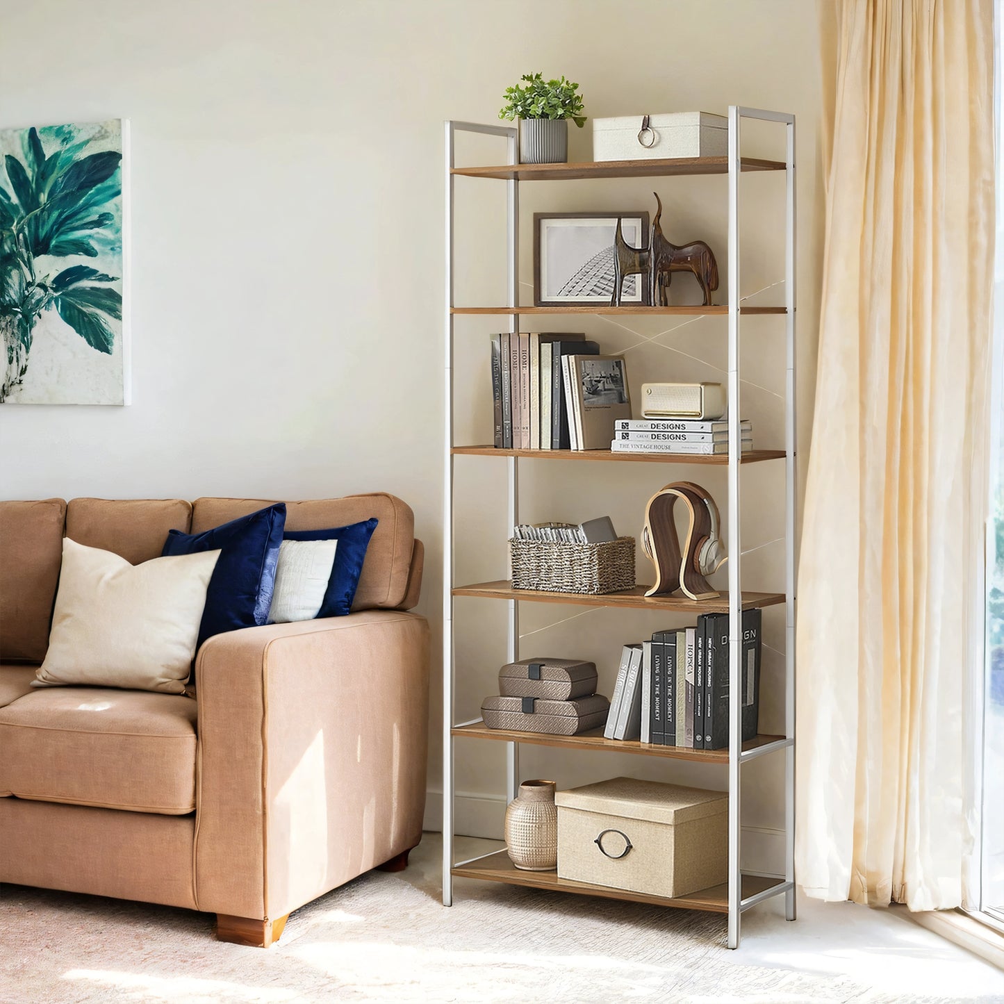 6-Tier Bookshelf with Steel Frame, Industrial Style Bookcase for Living Room and Home Office, 31.5 x 73.2 Inches, Honey Brown and Cloud White