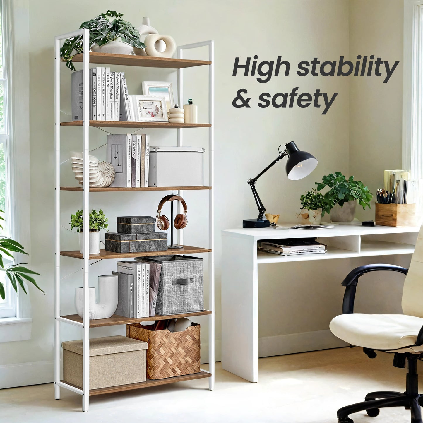 6-Tier Bookshelf with Steel Frame, Industrial Style Bookcase for Living Room and Home Office, 31.5 x 73.2 Inches, Honey Brown and Cloud White