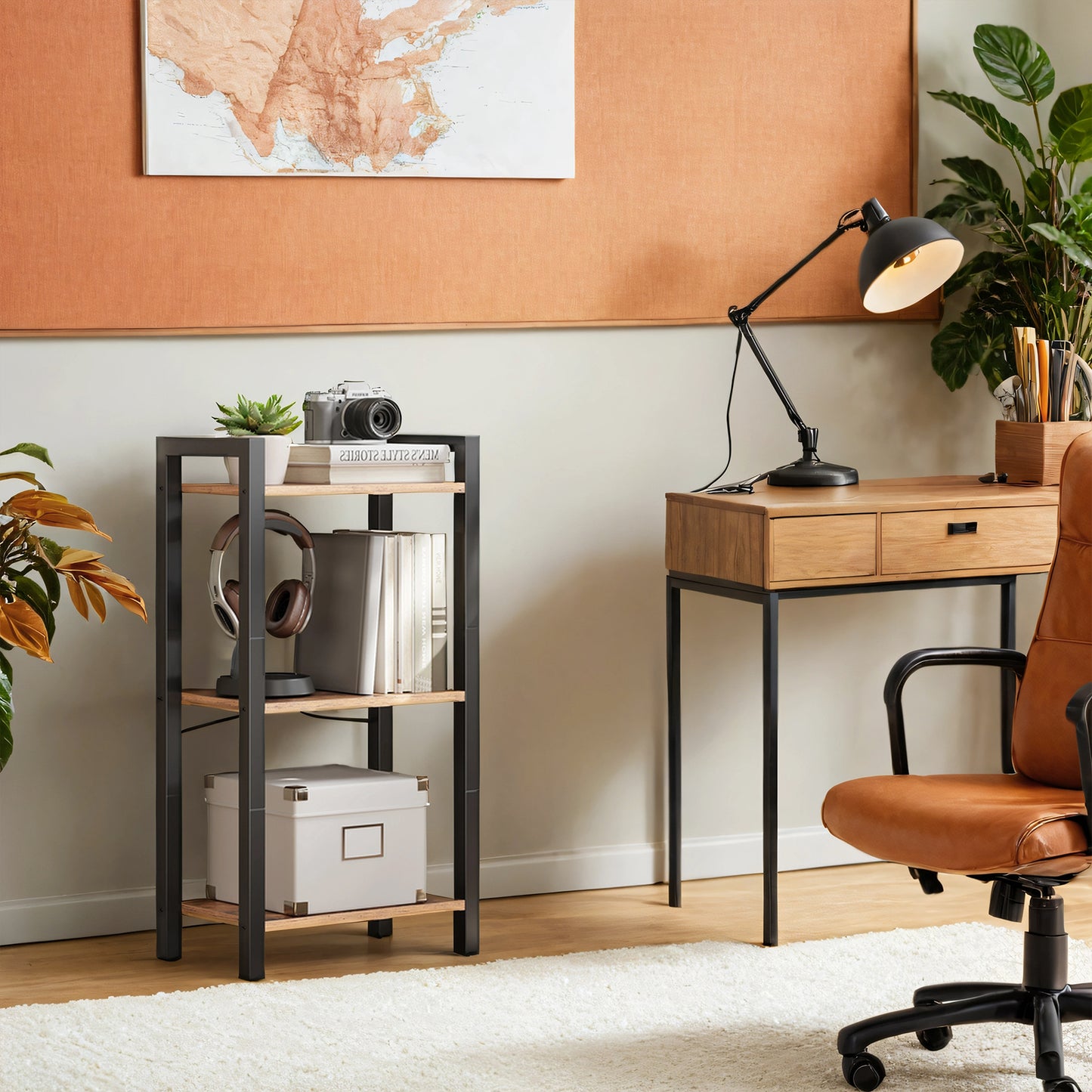 3-Tier Industrial Bookshelf with Steel Frame, Narrow Bookcase for Living Room Home Office Study, Rustic Brown Shelves with Ink Black Frame