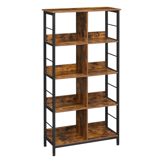 Industrial 4-Tier Bookshelf with 8 Open Compartments, 110 lb Capacity, Adjustable Feet and Steel Frame, Rustic Brown and Black