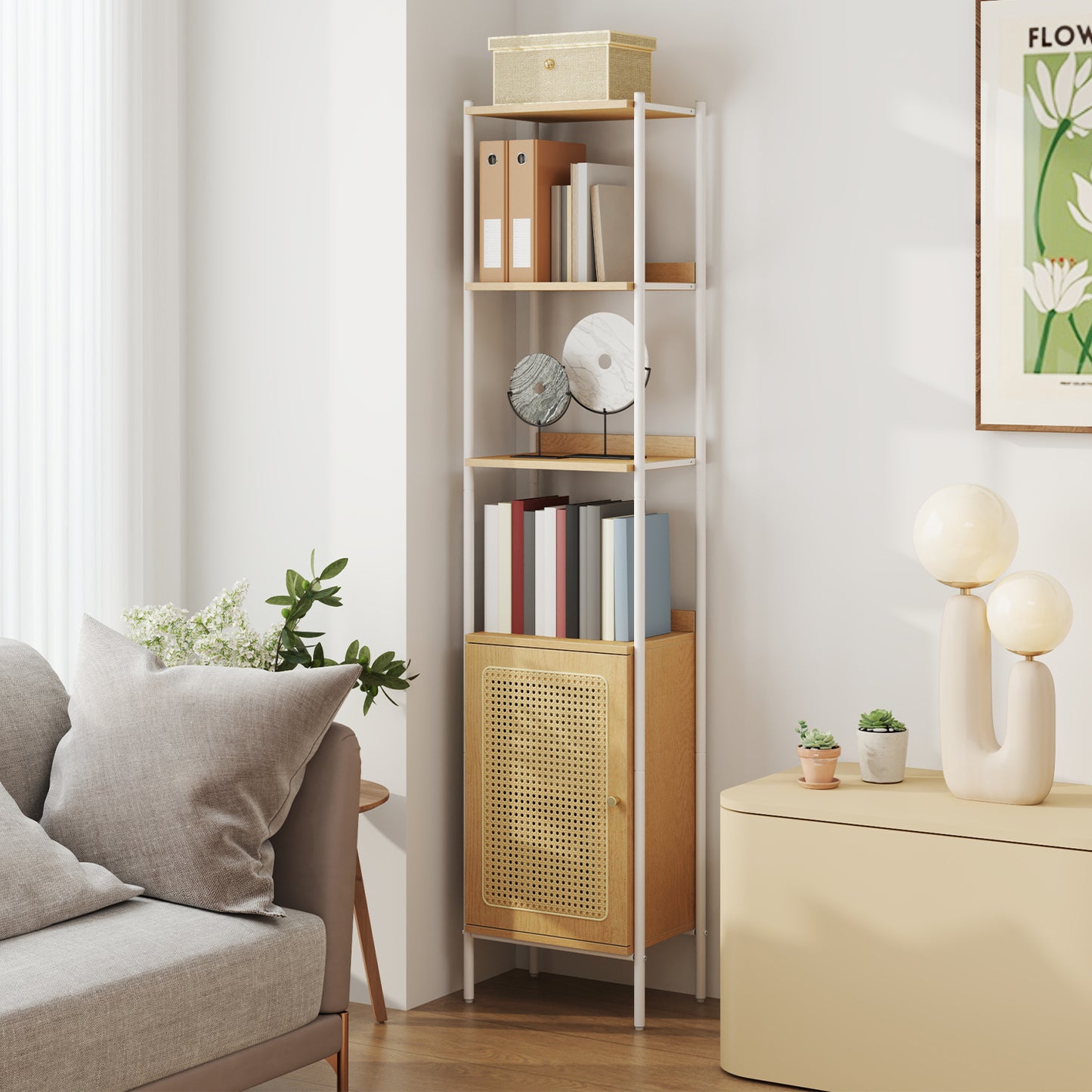 6-Tier Boho Bookshelf with Rattan-Like Door, Slim Freestanding Storage Shelf, Adjustable Shelves, Living Room, Oak Beige and Pearl White