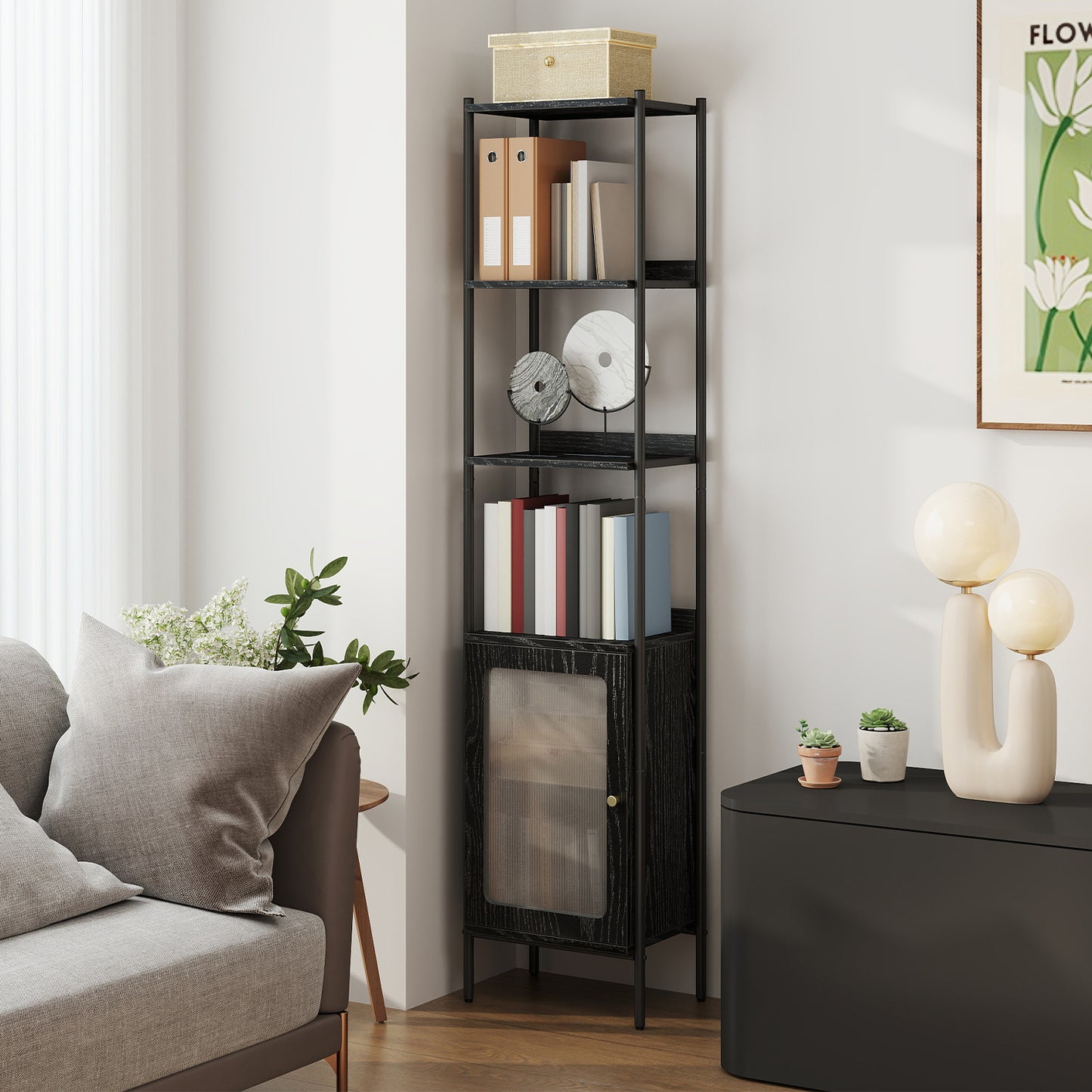 6-Tier Slim Bookcase with PC Door, Adjustable Freestanding Storage Shelf, Vertical Bookshelf with Metal Frame, Ebony Black and Matte Black