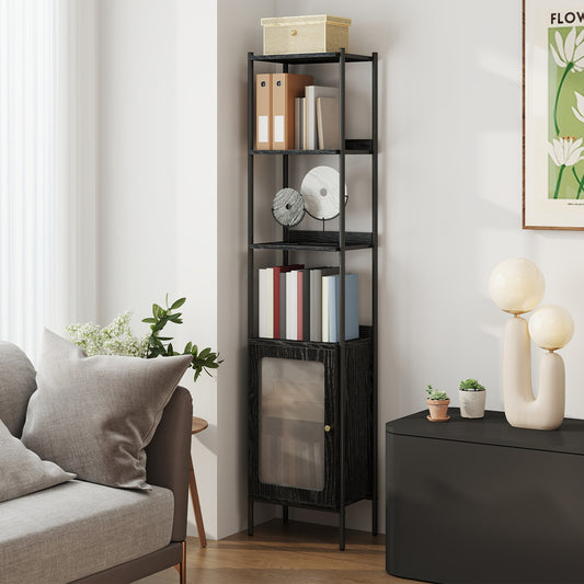 6-Tier Slim Bookcase with PC Door, Adjustable Freestanding Storage Shelf, Vertical Bookshelf with Metal Frame, Ebony Black and Matte Black