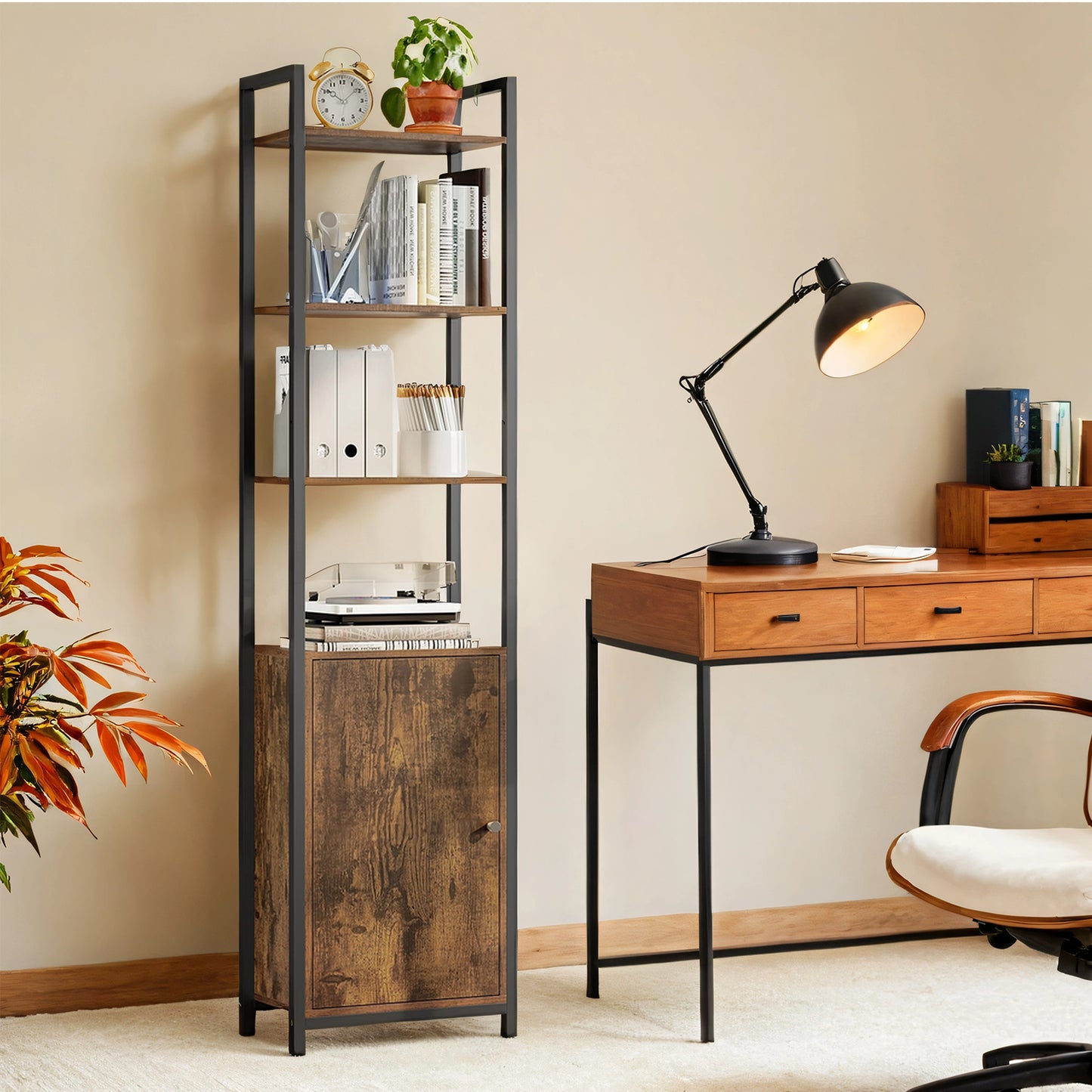 6-Tier Bookshelf with Cabinet, Adjustable Storage Shelves & Steel Frame, 62.8 Inch Tall Bookcase for Living Room & Bedroom, Rustic Brown & Ink Black