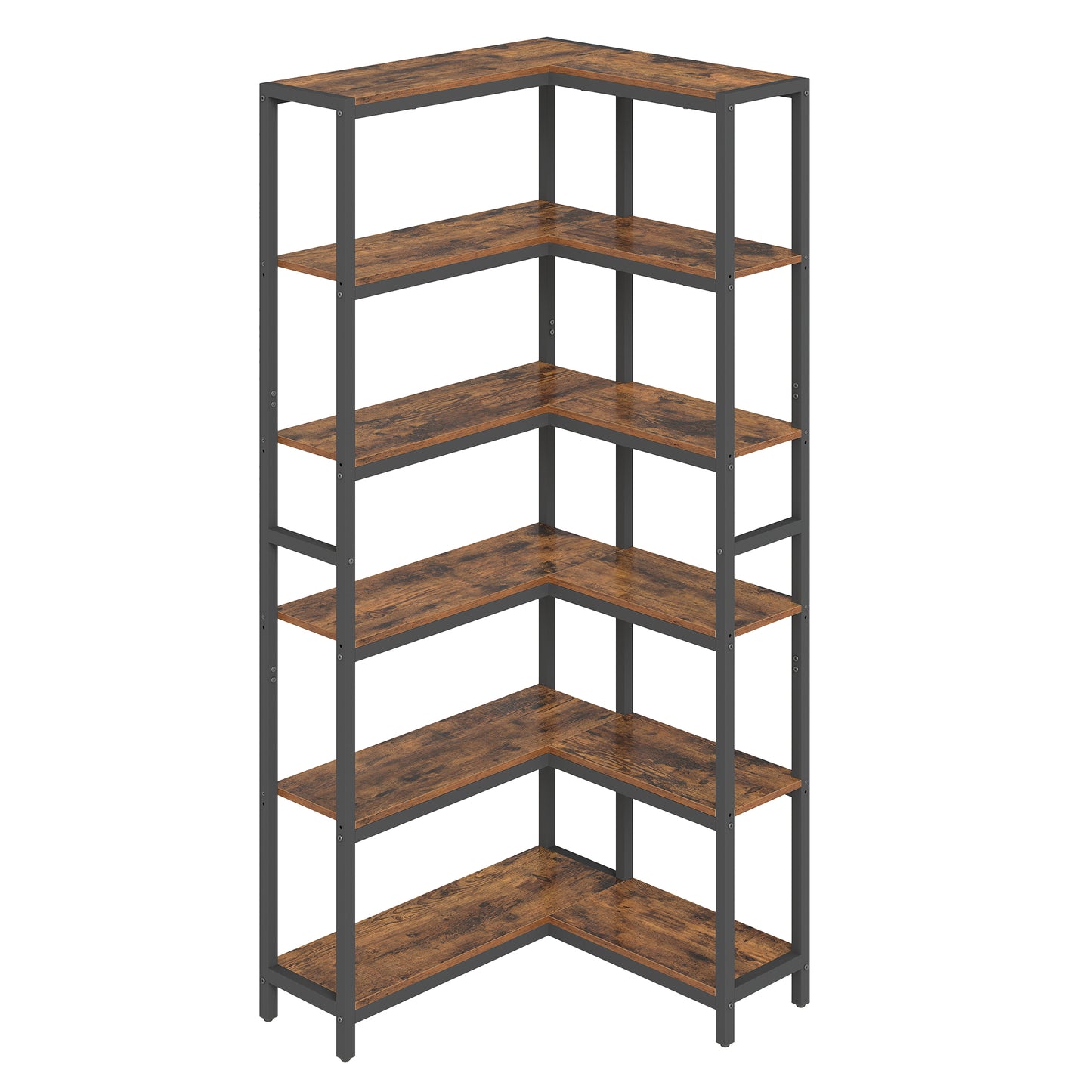 6-Tier Industrial Bookshelf with Metal Frame, Convertible Straight or Corner Shelving Unit, Large Storage Rack for Living Room, Bedroom, Home Office, Rustic Brown and Ink Black
