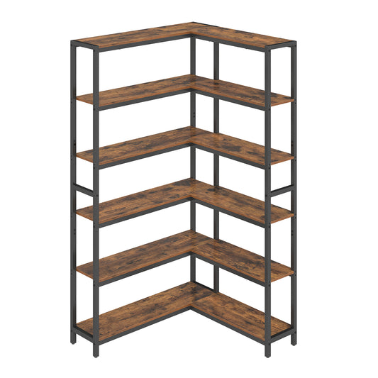 6-Tier Industrial Bookshelf with Metal Frame, Convertible Straight or Corner Storage Rack, Large Freestanding Shelving Unit for Living Room, Bedroom, Home Office, Rustic Brown and Ink Black