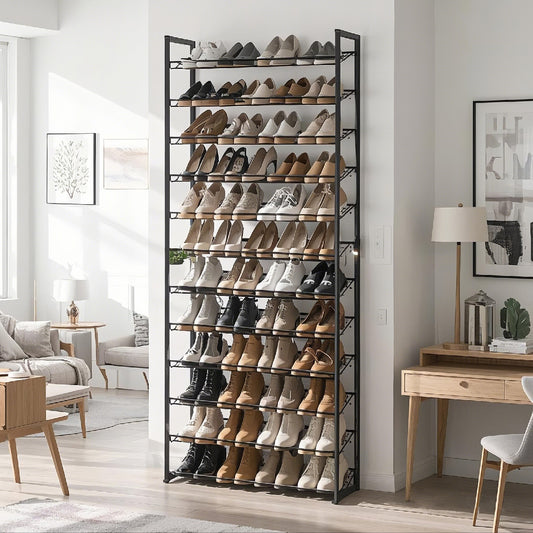 12-Tier Stackable Adjustable Shoe Rack for Garage & Entryway, Heavy-Duty Metal Frame, Holds 48-60 Pairs, Space-Saving Design, Cool Gray