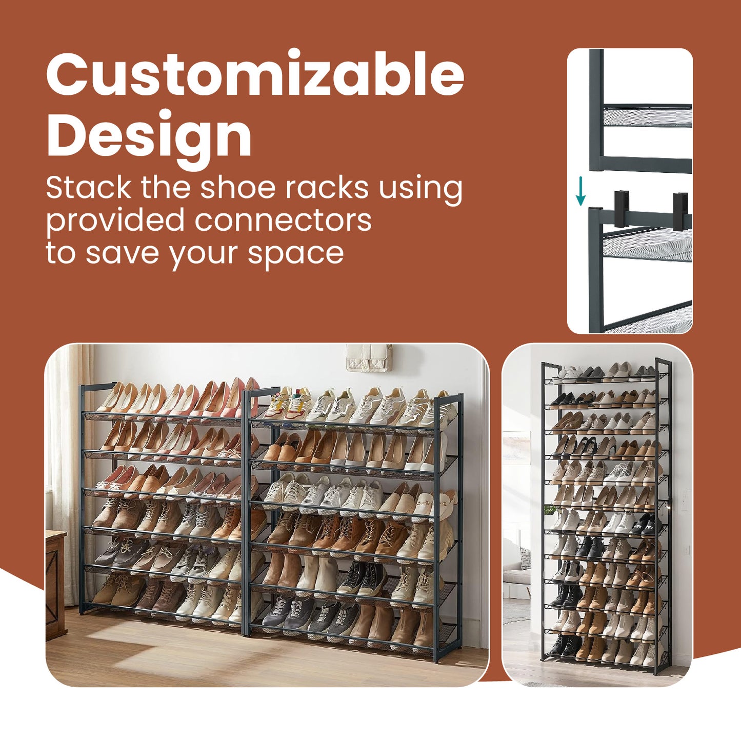 12-Tier Stackable Adjustable Shoe Rack for Garage & Entryway, Heavy-Duty Metal Frame, Holds 48-60 Pairs, Space-Saving Design, Cool Gray