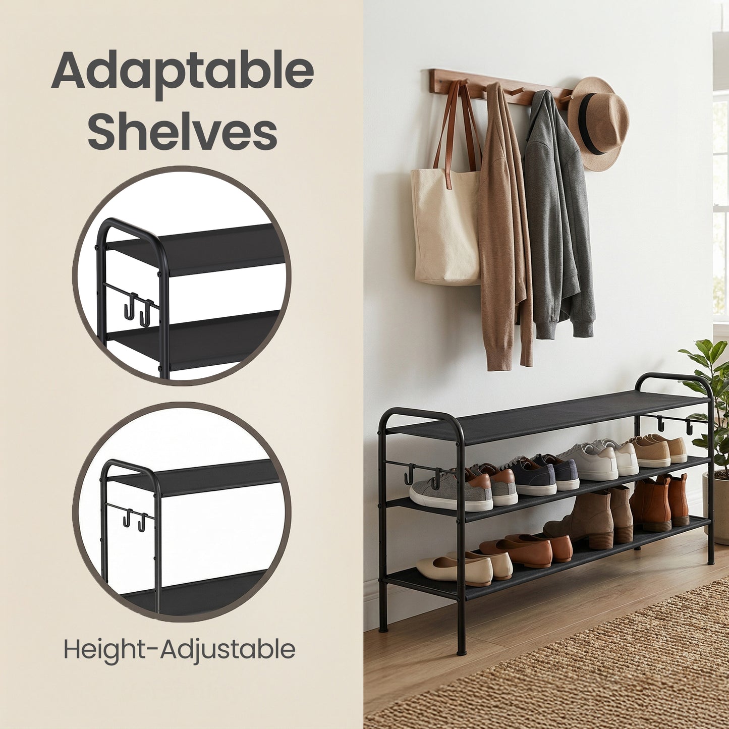 3-Tier Adjustable Shoe Rack Organizer with 4 Hooks, Holds 18 Pairs of Shoes, Fabric Storage Shelf for Entryway, Hallway, Closet, Ink Black