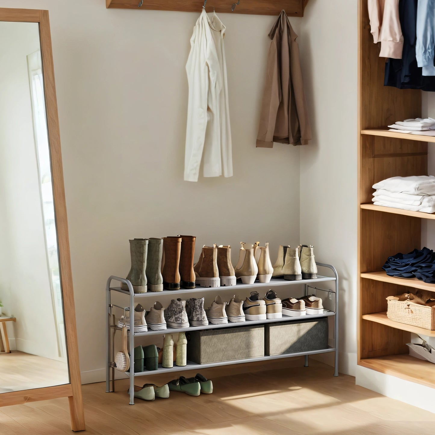 3-Tier Adjustable Shoe Rack Organizer with 4 Hooks, Holds 18 Pairs of Shoes, Fabric Storage Shelf for Entryway, Hallway, Closet, Dove Gray