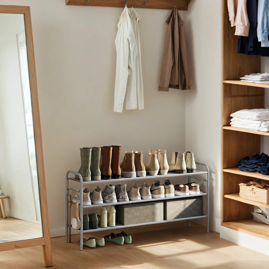 3-Tier Adjustable Shoe Rack Organizer with 4 Hooks, Holds 18 Pairs of Shoes, Fabric Storage Shelf for Entryway, Hallway, Closet, Dove Gray