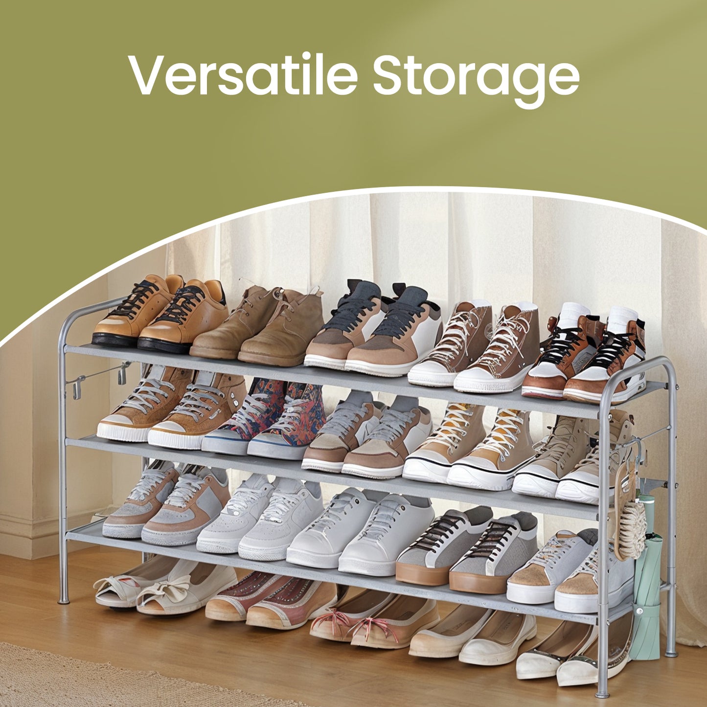 3-Tier Adjustable Shoe Rack Organizer with 4 Hooks, Holds 18 Pairs of Shoes, Fabric Storage Shelf for Entryway, Hallway, Closet, Dove Gray