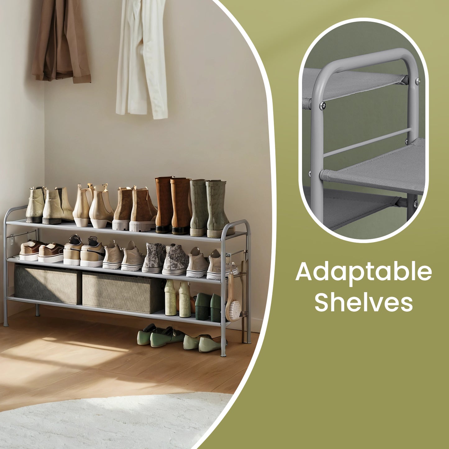 3-Tier Adjustable Shoe Rack Organizer with 4 Hooks, Holds 18 Pairs of Shoes, Fabric Storage Shelf for Entryway, Hallway, Closet, Dove Gray