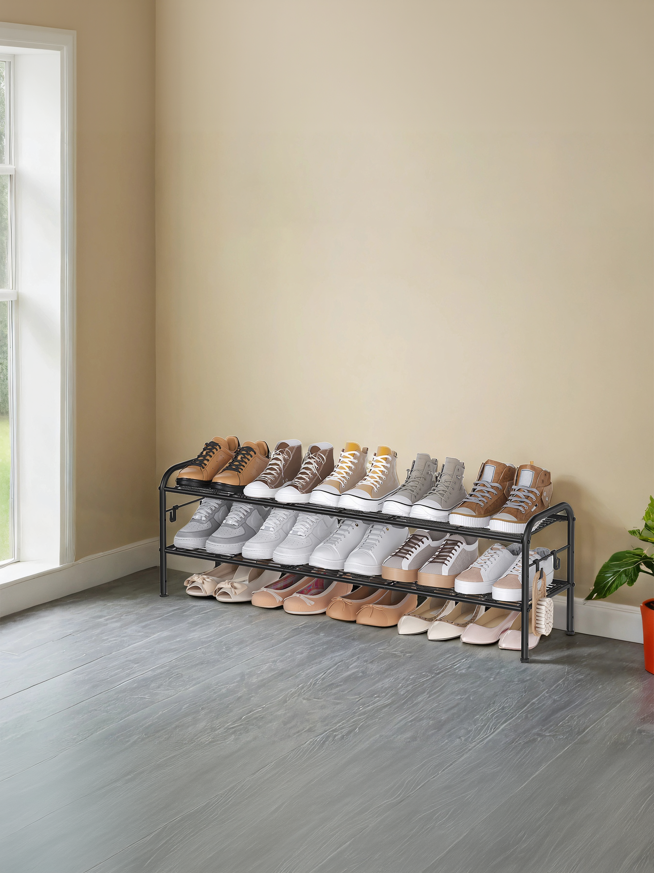 2-Tier Metal Shoe Rack with 4 Hooks, Height-Adjustable Shoe Organizer for 12 Pairs, Entryway and Closet Storage, Ink Black