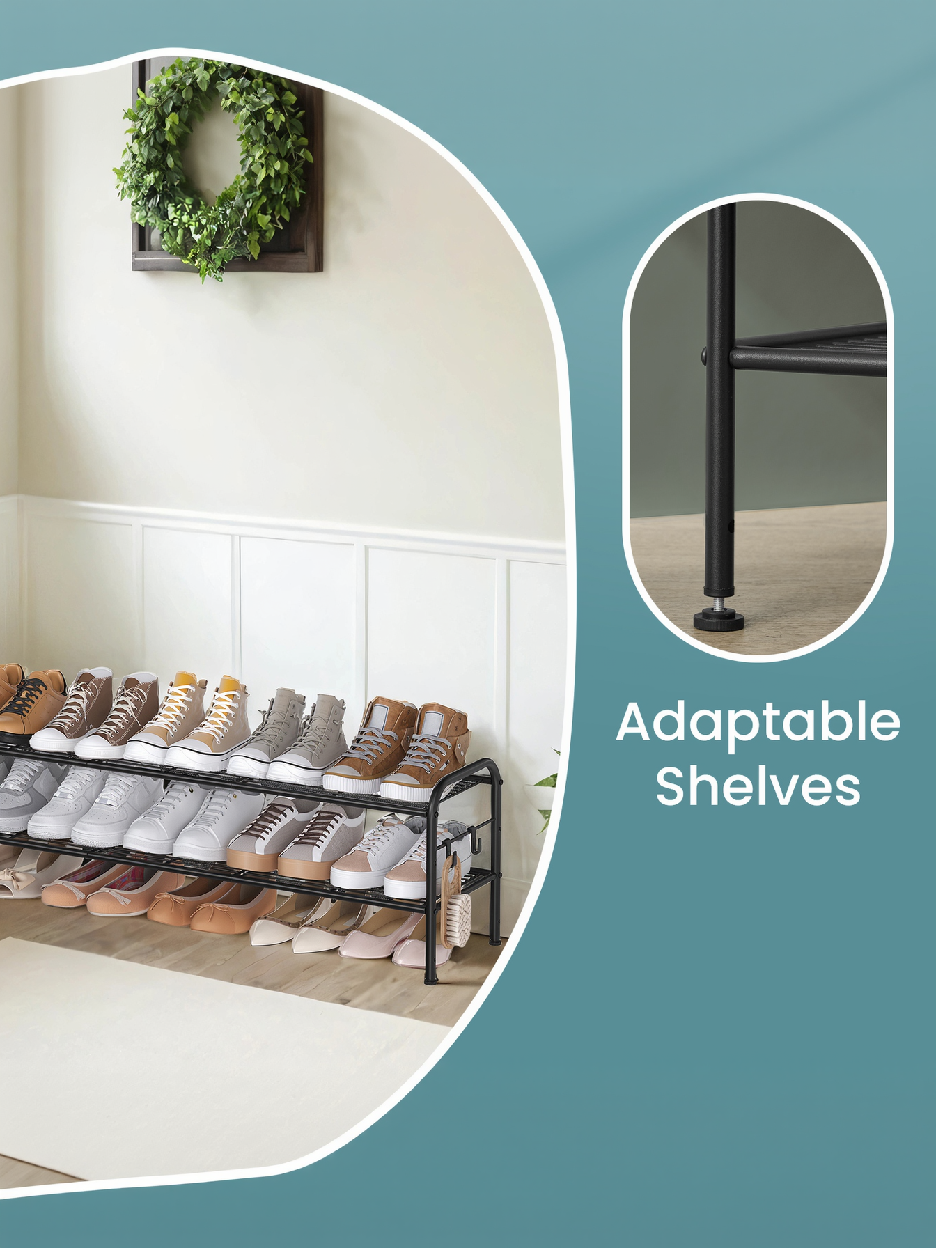 2-Tier Metal Shoe Rack with 4 Hooks, Height-Adjustable Shoe Organizer for 12 Pairs, Entryway and Closet Storage, Ink Black