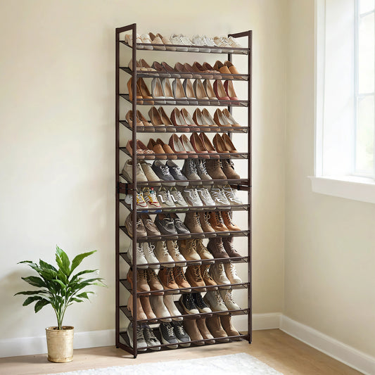 12-Tier Stackable Shoe Organizer, Adjustable Metal Shoe Rack for Entryway & Garage, Holds 48+ Pairs, Fits High Heels & Boots, Bronze