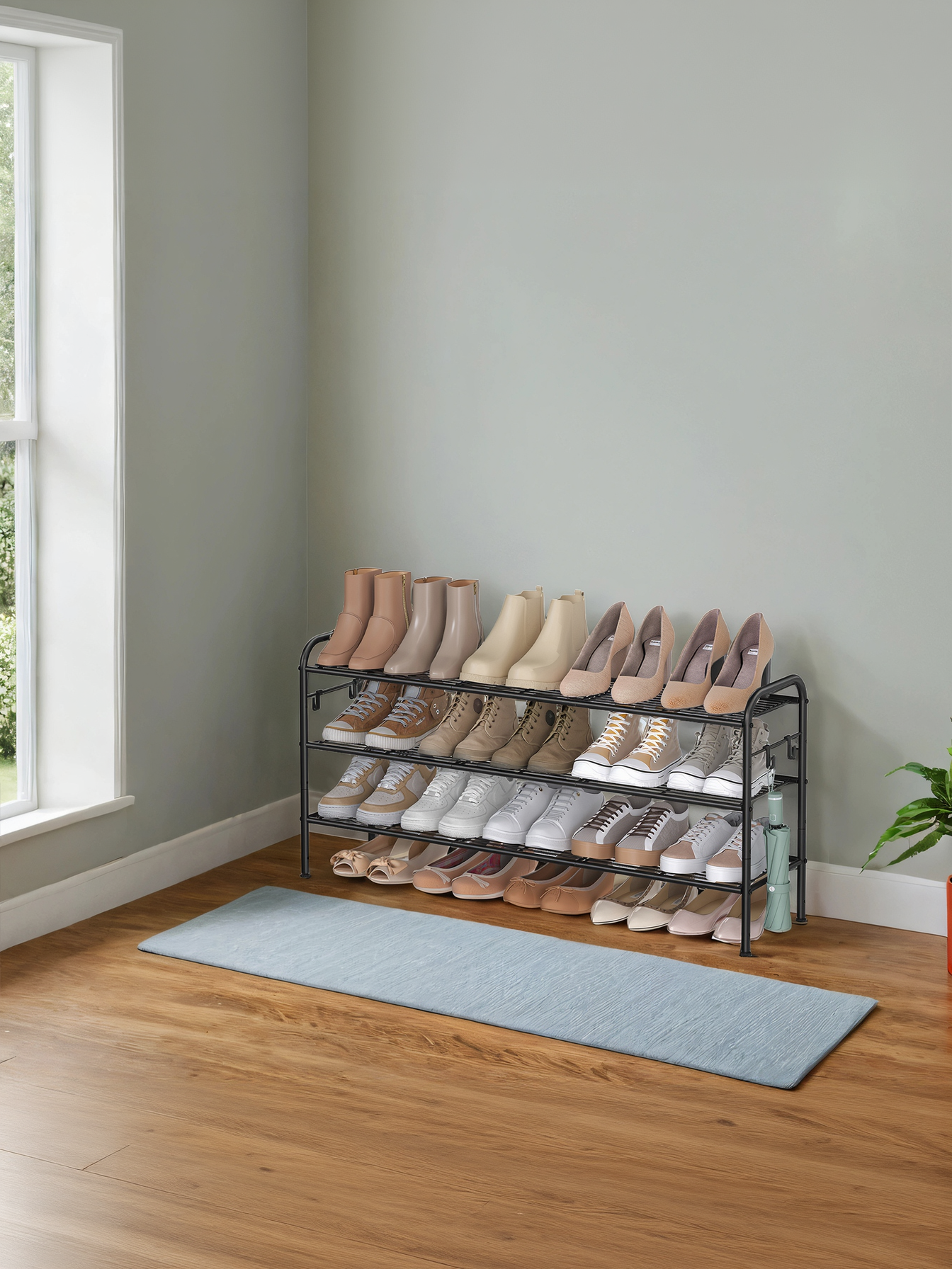 3-Tier Metal Shoe Rack with 4 Hooks, Height-Adjustable Shoe Organizer for 18 Pairs, Entryway and Closet Storage, Ink Black