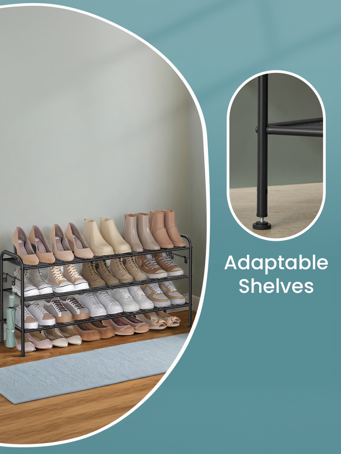 3-Tier Metal Shoe Rack with 4 Hooks, Height-Adjustable Shoe Organizer for 18 Pairs, Entryway and Closet Storage, Ink Black