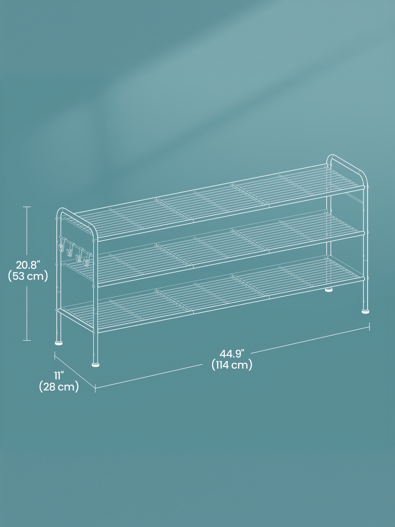 3-Tier Metal Shoe Rack with 4 Hooks, Height-Adjustable Shoe Organizer for 18 Pairs, Entryway and Closet Storage, Ink Black