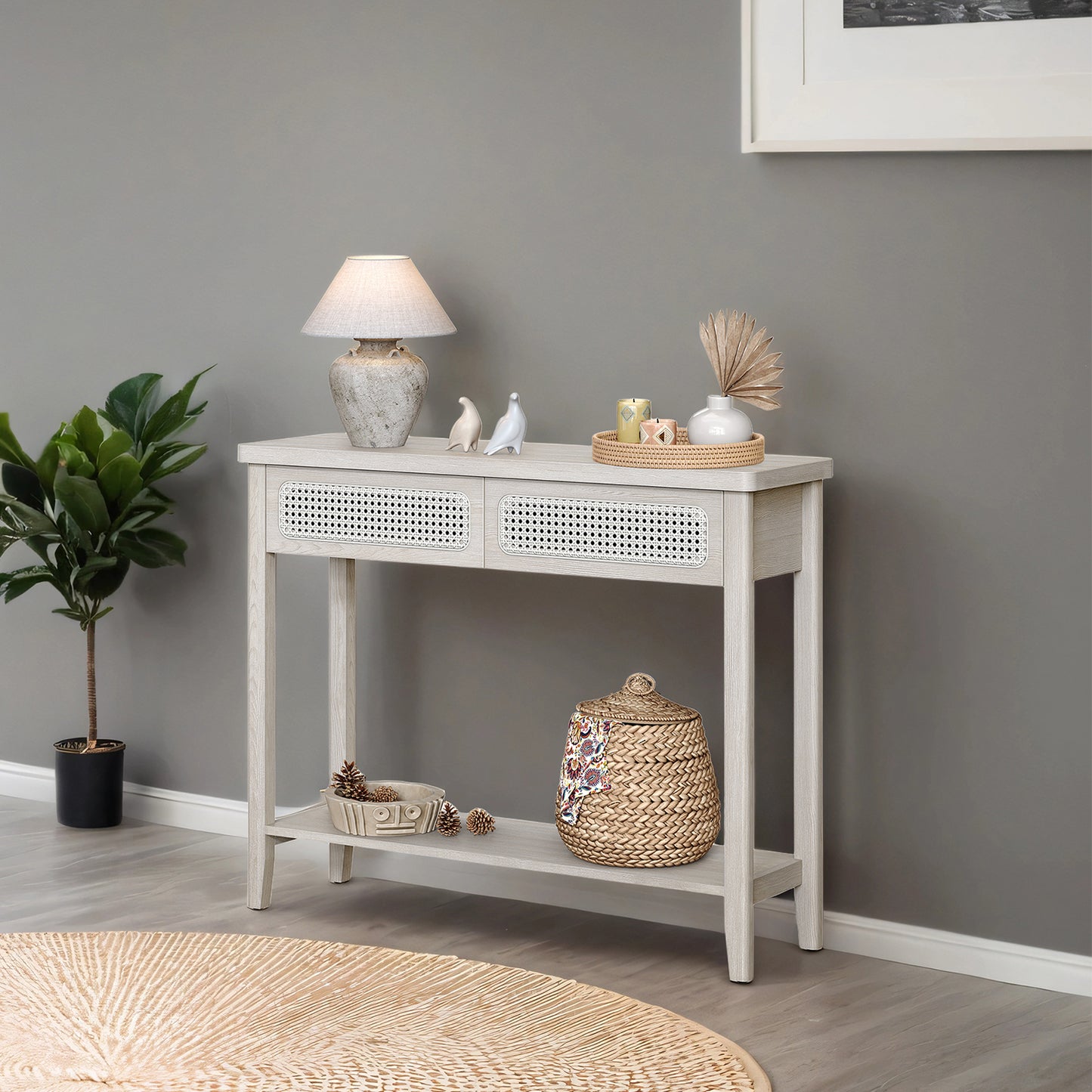 Narrow Boho Console Table with 2 Drawers and Open Shelf, 220 lb Capacity, PVC Rattan Front & Water-Resistant Surface, Oatmeal Beige