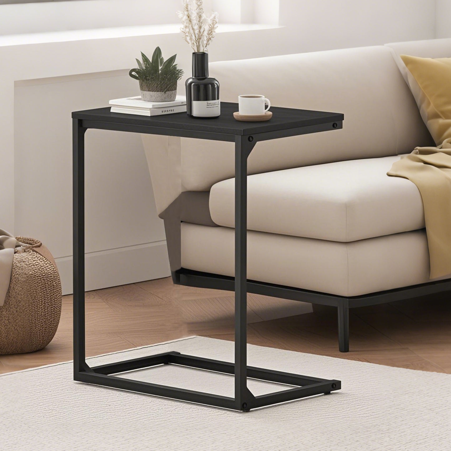 C-Shaped End Table, Industrial Side Table for Sofa & Bed, 26-Inch Laptop Table with Adjustable Feet, Ebony Black