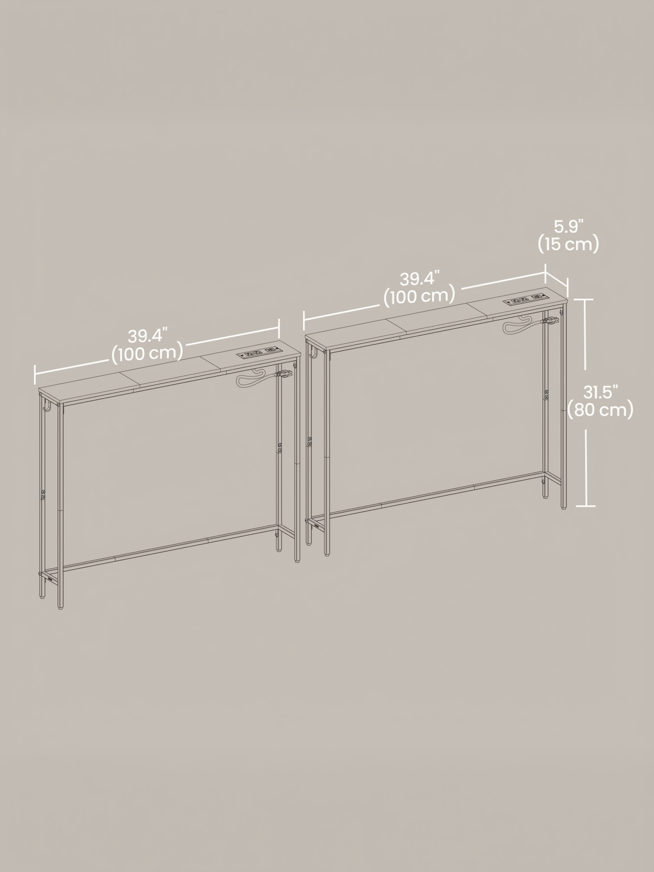 Set of 2 Slim Console Tables with Power Outlets, Behind Couch Sofa Tables with USB Ports and Hooks, Rustic Brown and Ink Black