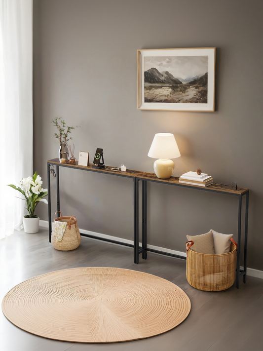 Set of 2 Slim Console Tables with Power Outlets, Behind Couch Sofa Tables with USB Ports and Hooks, Rustic Brown and Ink Black