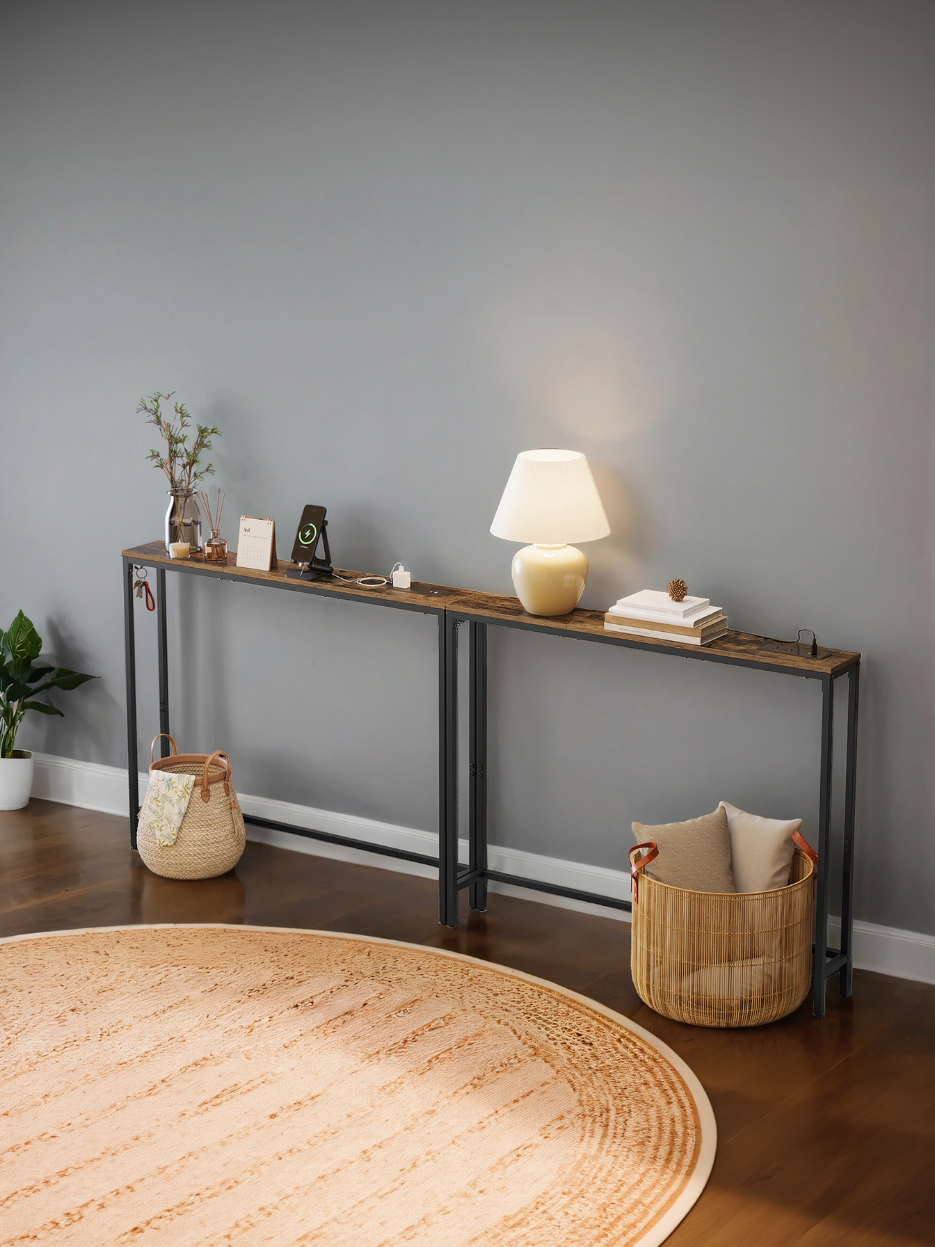 Set of 2 Slim Console Tables with Power Outlets, Behind Couch Sofa Tables with USB Ports and Hooks, Rustic Brown and Ink Black